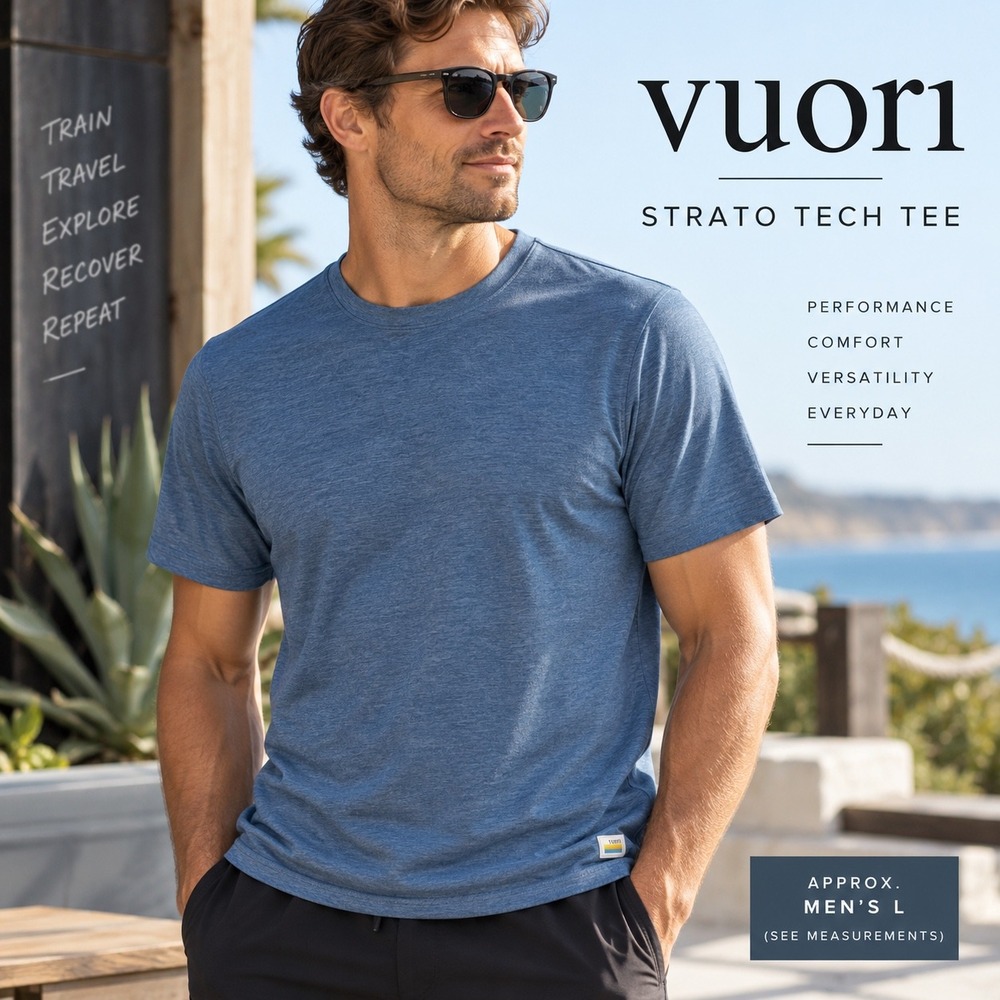 Vuori Strato Tech Tee Men L Blue Heather Performance Workout Shirt V126